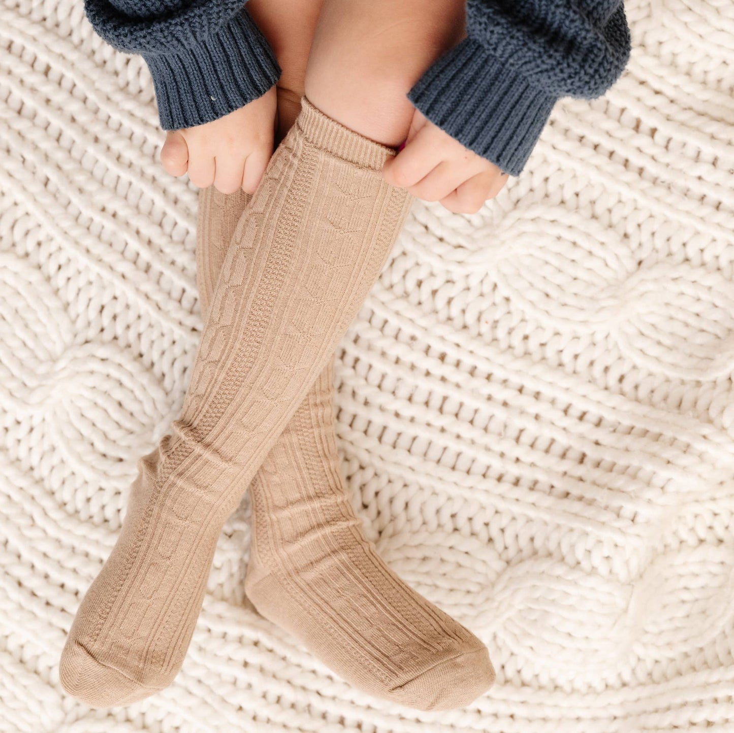 Cable Knit Knee High Socks - Oat