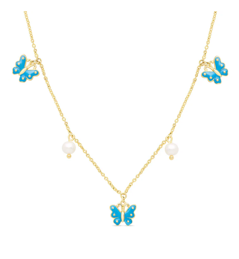 Butterfly & Freshwater Pearl Charm Necklace (Blue)