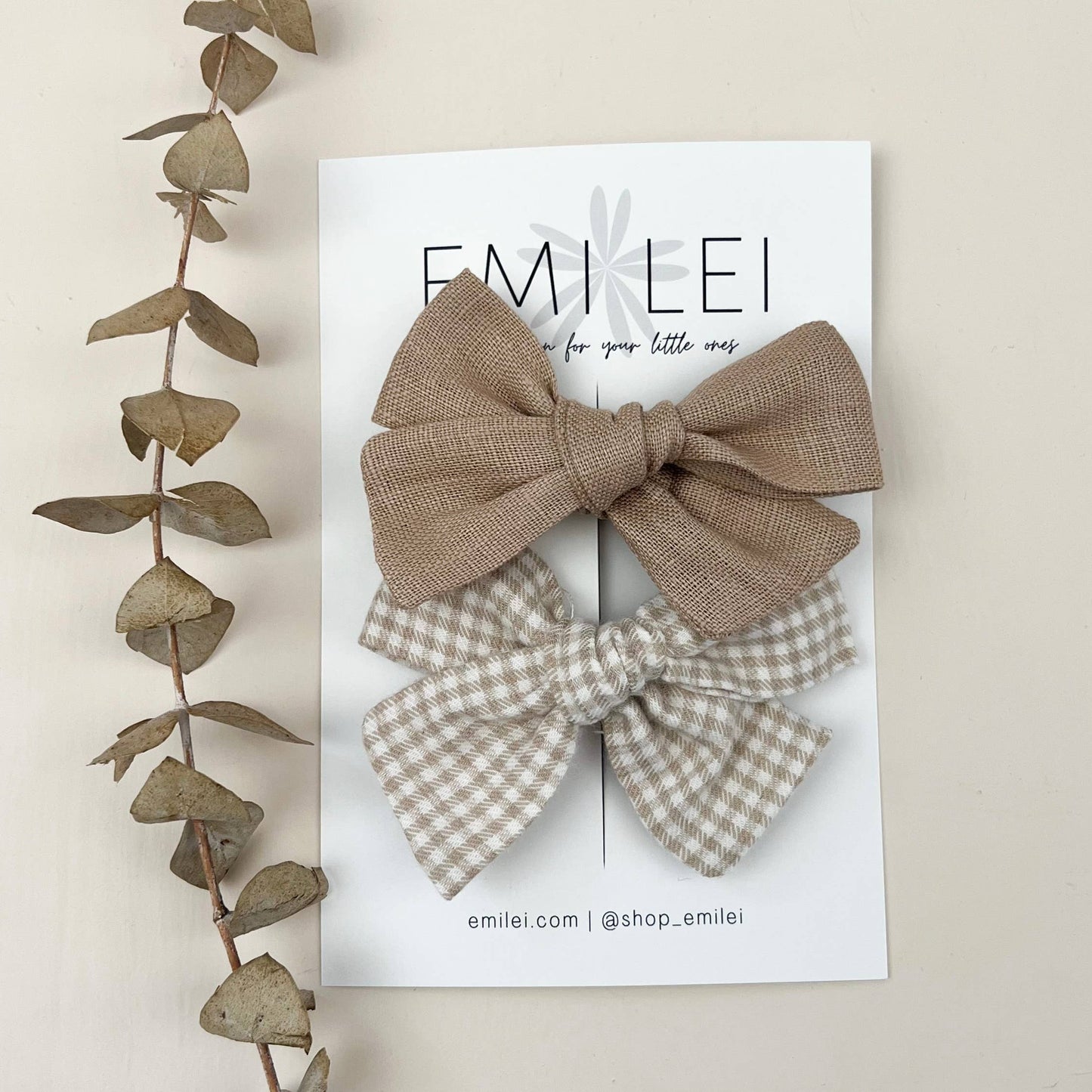 Alligator Clip Bow Set - Taupe Linen/Mini Check (#3)