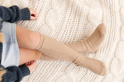 Cable Knit Knee High Socks - Oat