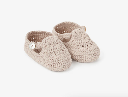 T-Strap Hand Crocheted Baby Booties in Taupe (0-12M)