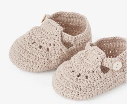 T-Strap Hand Crocheted Baby Booties in Taupe (0-12M)