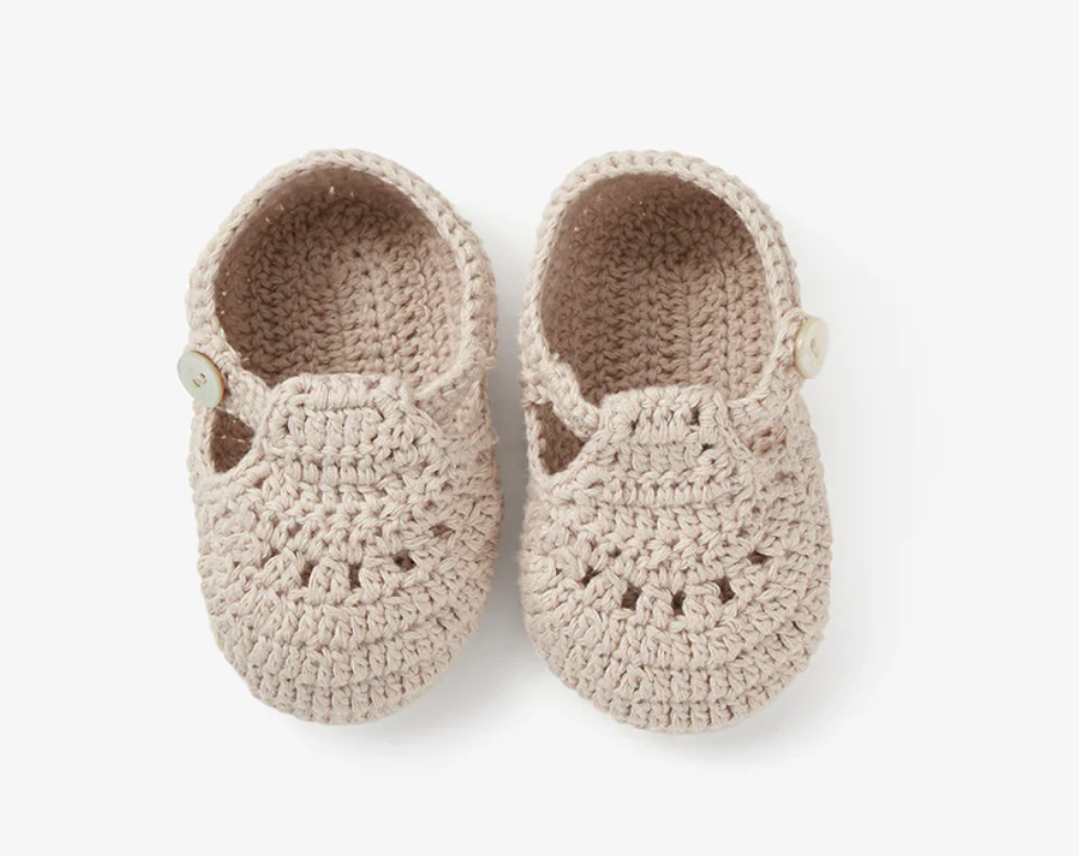 T-Strap Hand Crocheted Baby Booties in Taupe (0-12M)