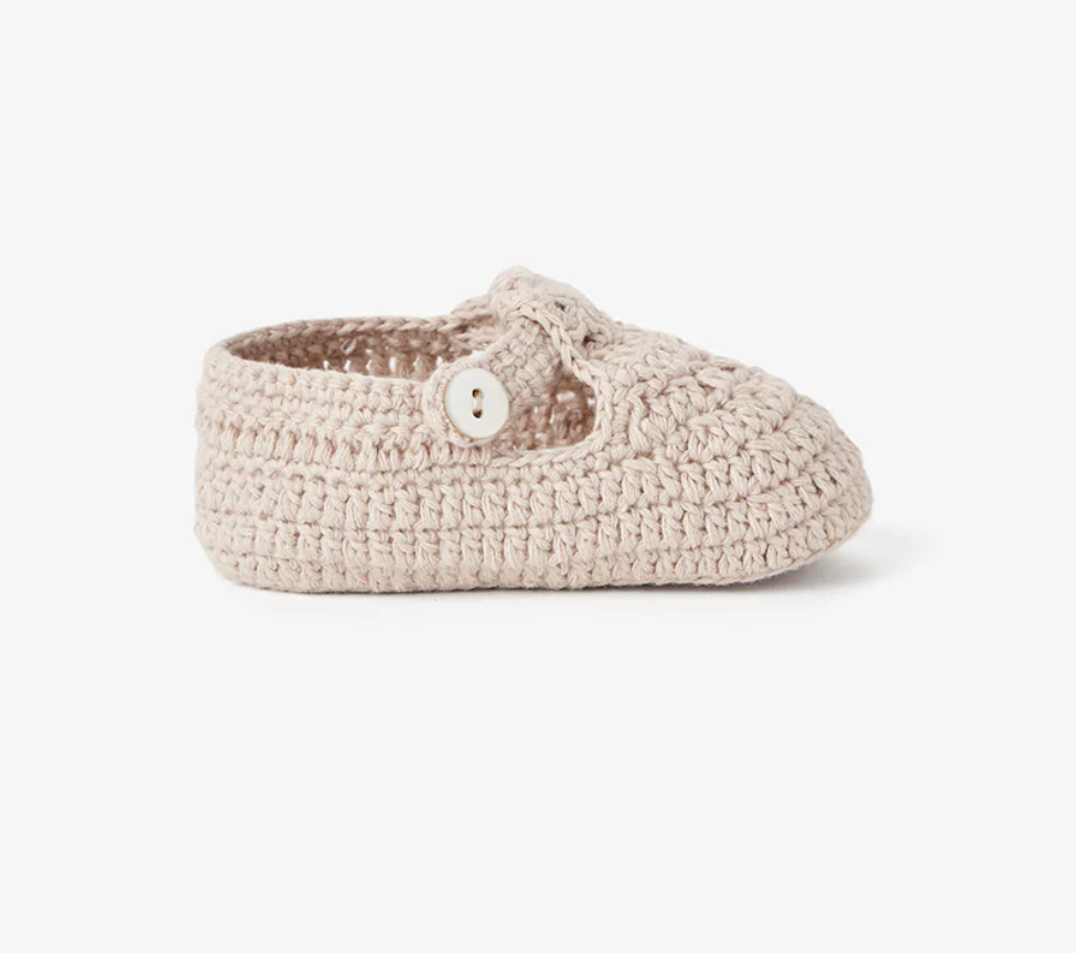 T-Strap Hand Crocheted Baby Booties in Taupe (0-12M)