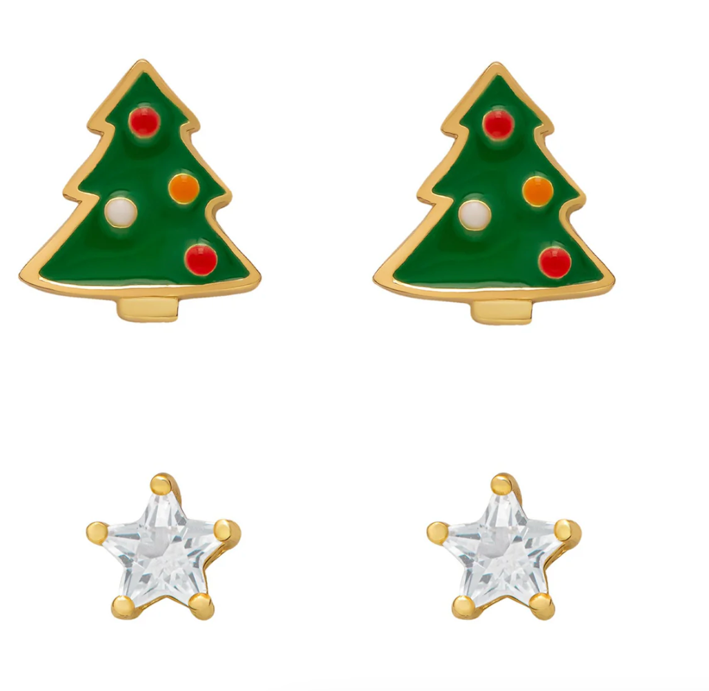 Christmas Tree & White Sapphire Star Stud Set