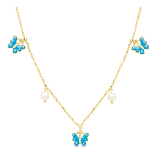 Butterfly & Freshwater Pearl Charm Necklace (Blue)