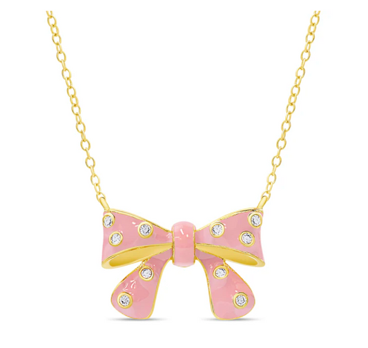 Bow Necklace with CZ (Pink)