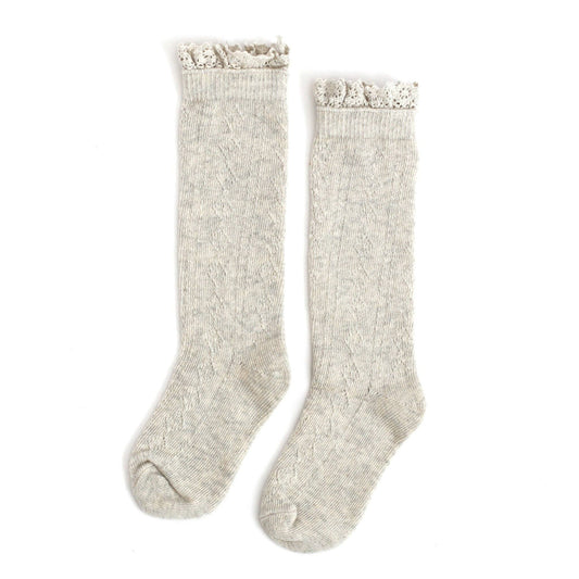Fancy Lace Top Knee High Socks - HEATHERED IVORY