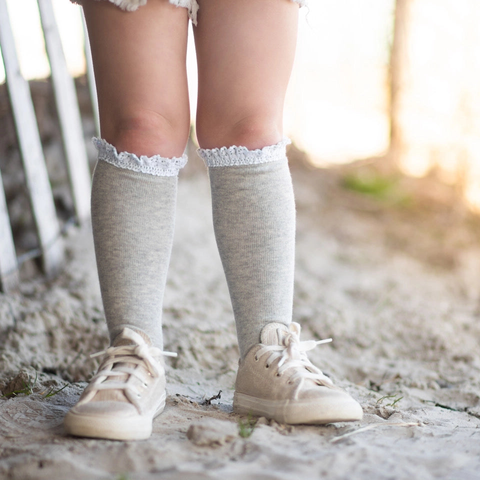 Lace Top Knee Highs - Gray/White Lace